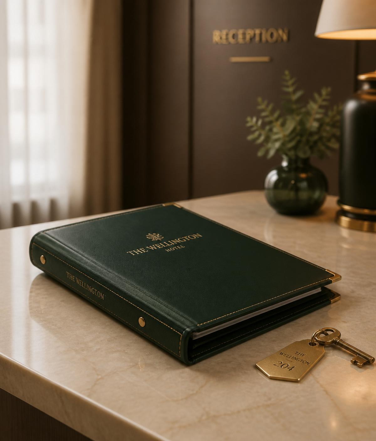Emerald leather hotel manual on a marble reception desk